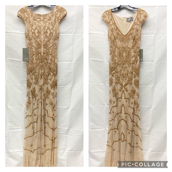 Theia cap sleeves V-Neck fully beaded long gown - Picture 2 of 12